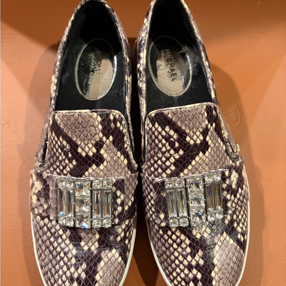 Michael Kors Embellished Snake Print Loafers - Brown and Cream